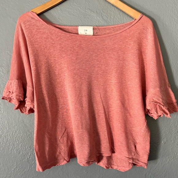 T.La Tops - T.La Cropped Boxy Tee Hemp Cotton Blend Ruffle Sleeve Pink XS